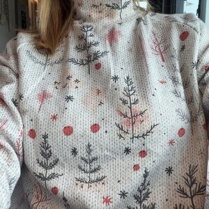 YNS Generic Cream and Red Tree Print Turtleneck Sweater